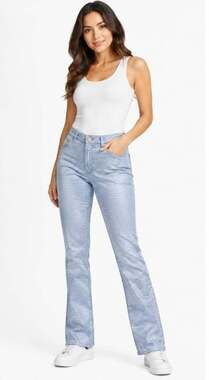 PLATINI JEANS COUGAR  ALL OVER LOGO Print Satin Flare Pants Sz 27  Nwt Blue T60